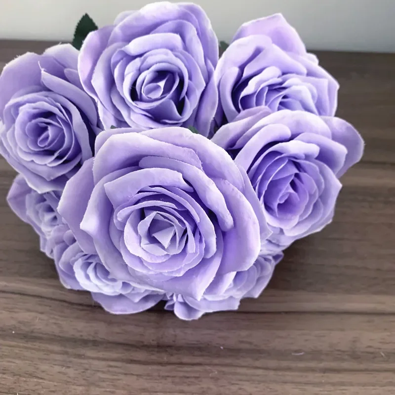 9หัวดอกกุหลาบช่อดอกไม้ประดิษฐ์ดอกไม้สีม่วงเข้มสีม่วงRoseปลอมRoseห้องนั่งเล่นตกแต่งงานแต่งงาน