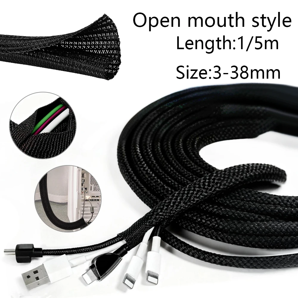 Expandable Cable Sleeve Self Closed  Braided Management Auto Line Overlaps Flexible Loom Split Pipe Tube Wire Wrap Organizer1/5m