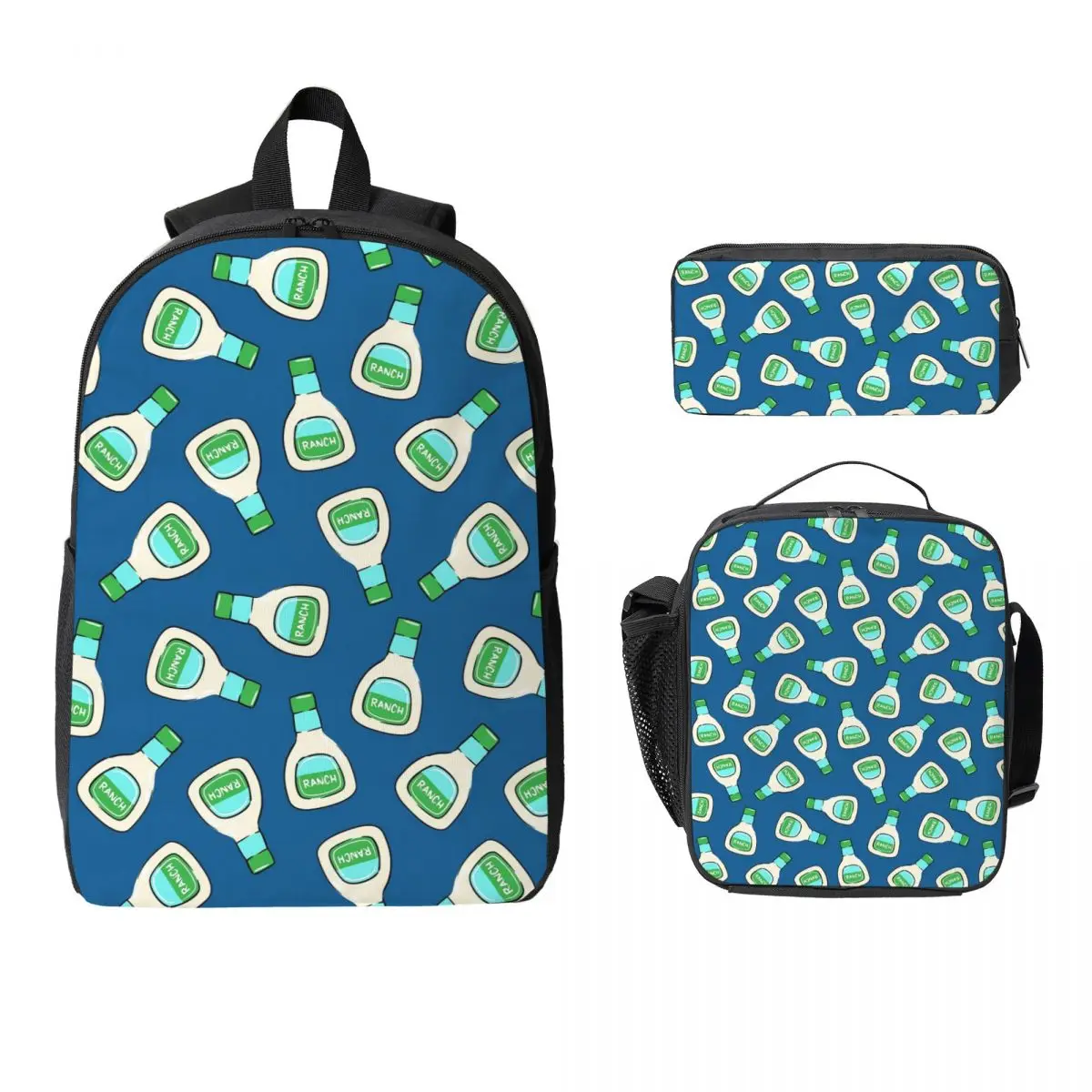 

Ranch - Salad Dressing Bottle Backpack Student Boys Girls BookBag School Bag Shoulder Bags 3ps Insulated Lunch Bag Pencil Case