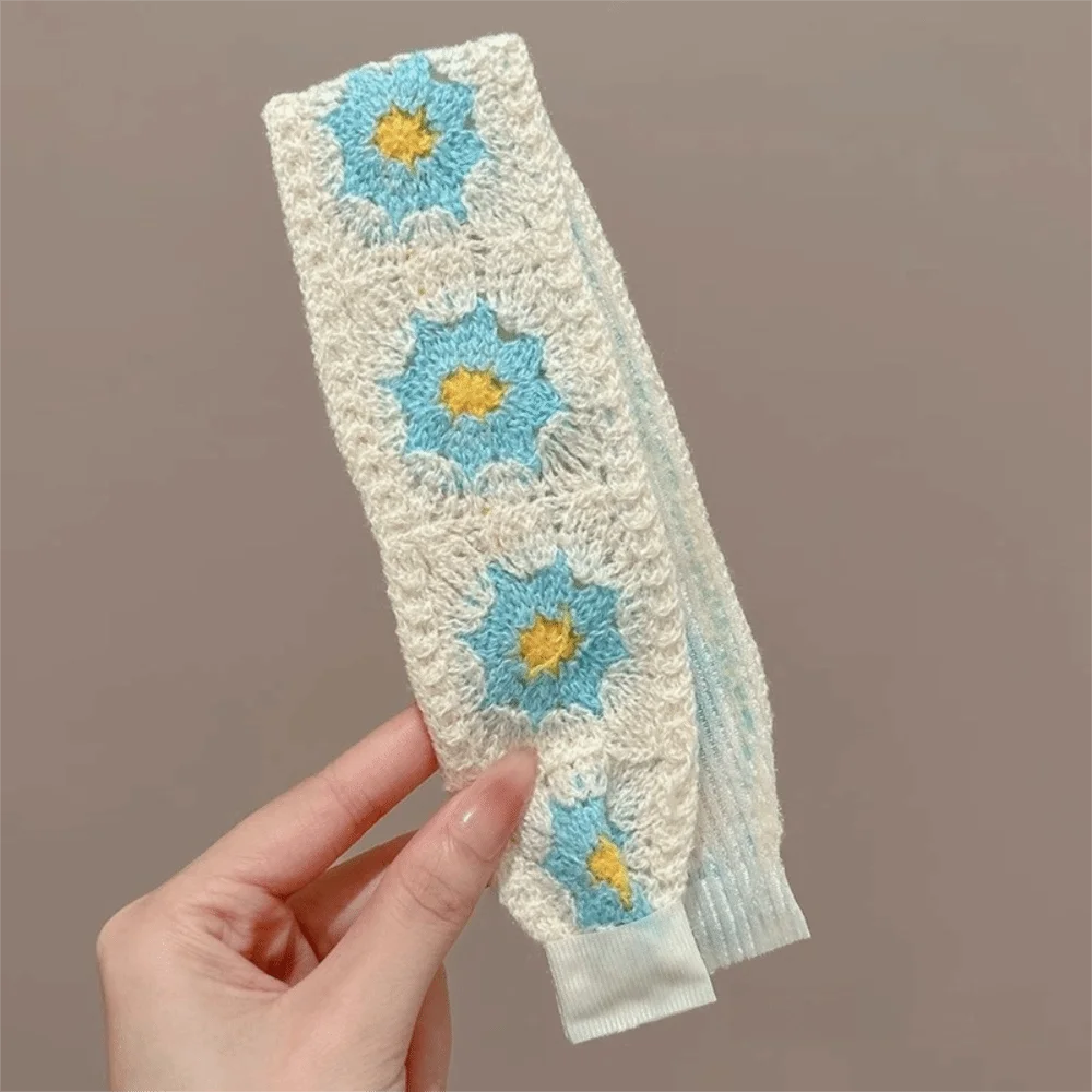

Casual Bohemian Style Knitted Hairband Candy Colors Adjustable Magic Tape Hairband Embroidered Flowers Forehead Hair Strips Girl