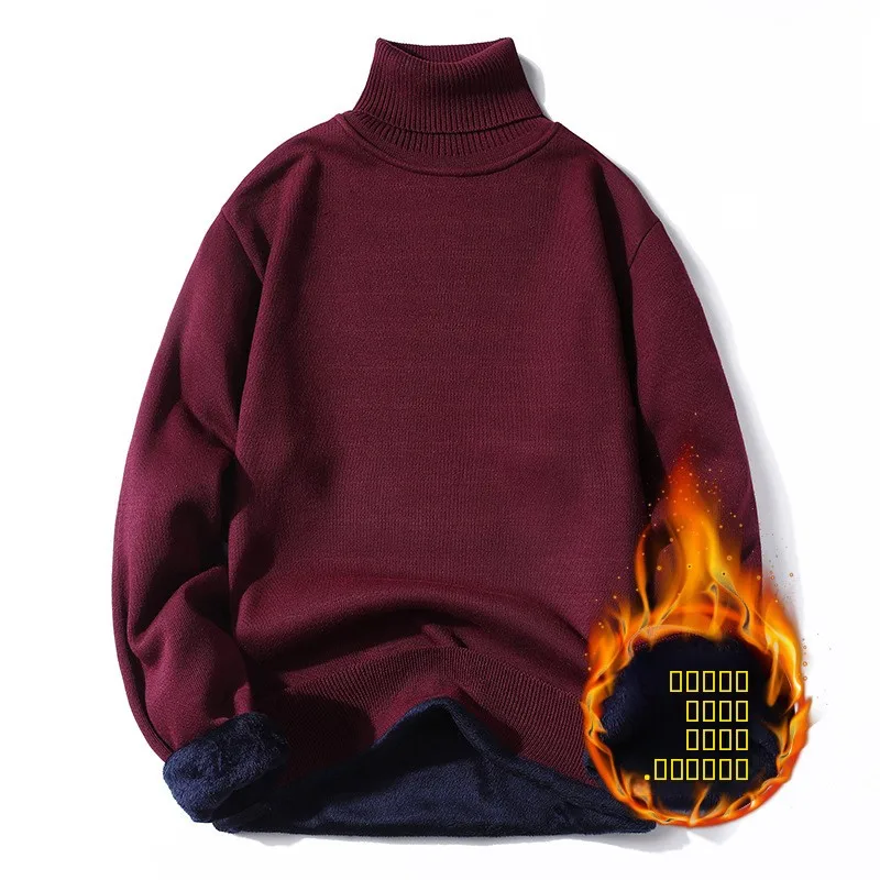 

Men's Fce Lined Thiened High Collar Knitted Sweater Youth Trendy Color Double Collar Winter Casual Long Sve Top