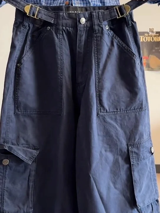 

Retro American Washed Blue Workwear Jeans Women's Street Dancing Hip Hop Straight High Street Long Trousers Korean Style Loos...