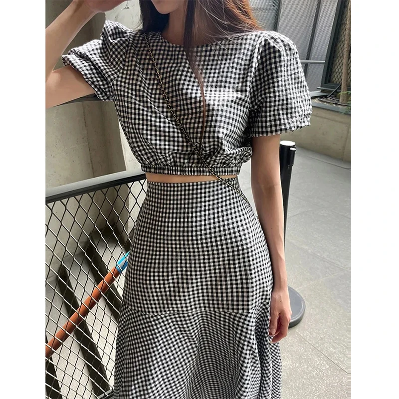 Faionable Plaid Bubble Sve ort irt And A-Line  Skirt Set for Women High Waist Slimming Vintage Summer Outfit