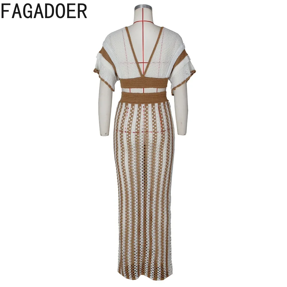 FAGADOER Fashion Streetwear Women Striped Knitting Lace Up V Neck Short Sleeve Crop Top+Skirts Two Piece Set Female 2pcs Outfits