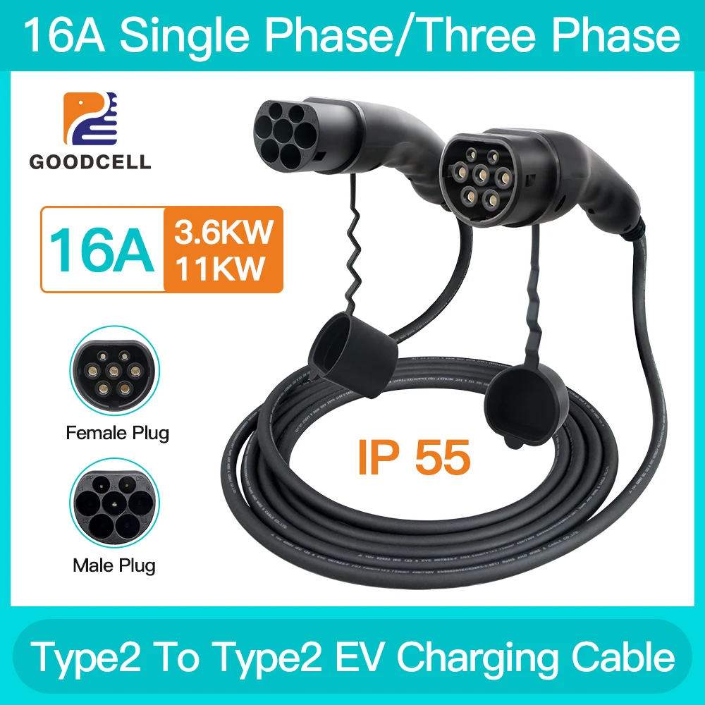 

16A 11KW EV Charging Cable Type 2 Male Connect Charging Station To Type 2 Car Female IEC 62169-2 Standard For Electric Vehicle