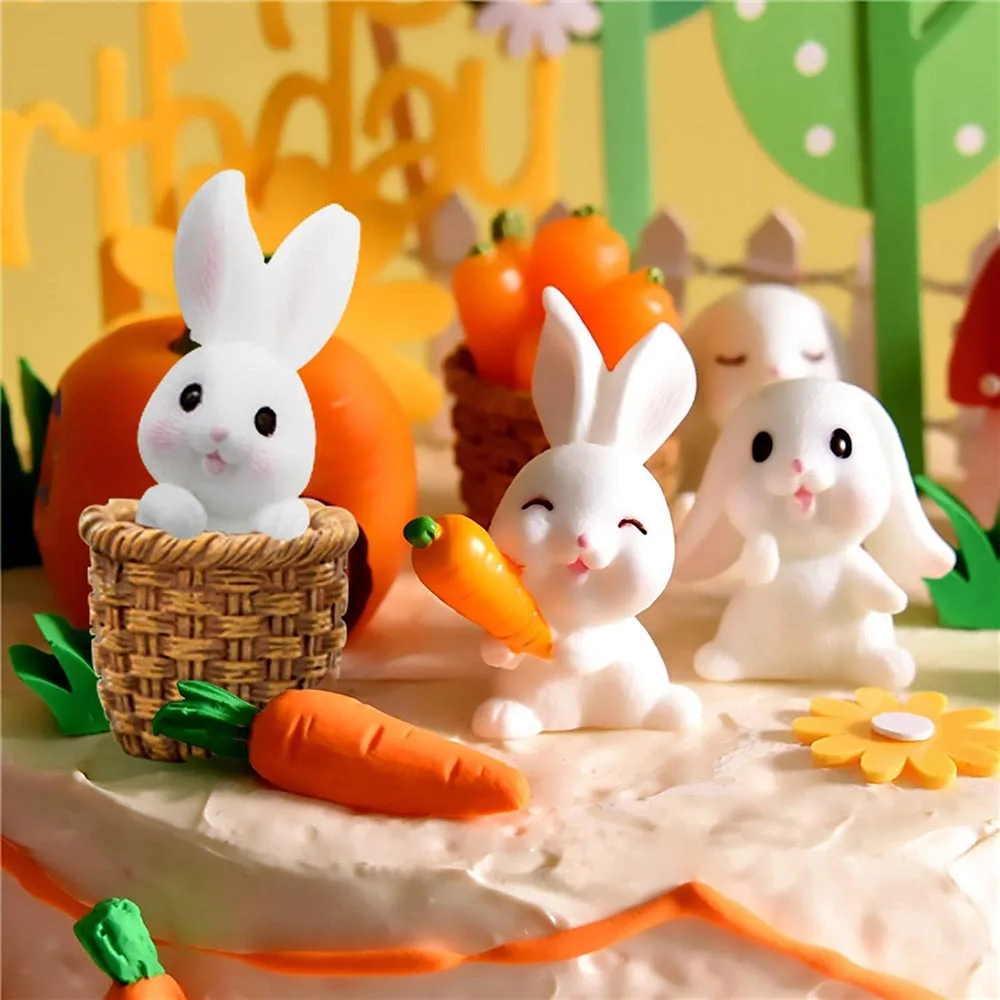 Bunny Cake Topper Rabbit Cake Decorations Miniature Figure Rabbit Carrot Cake Decorations Happy Bunny Birthday Party Supplies