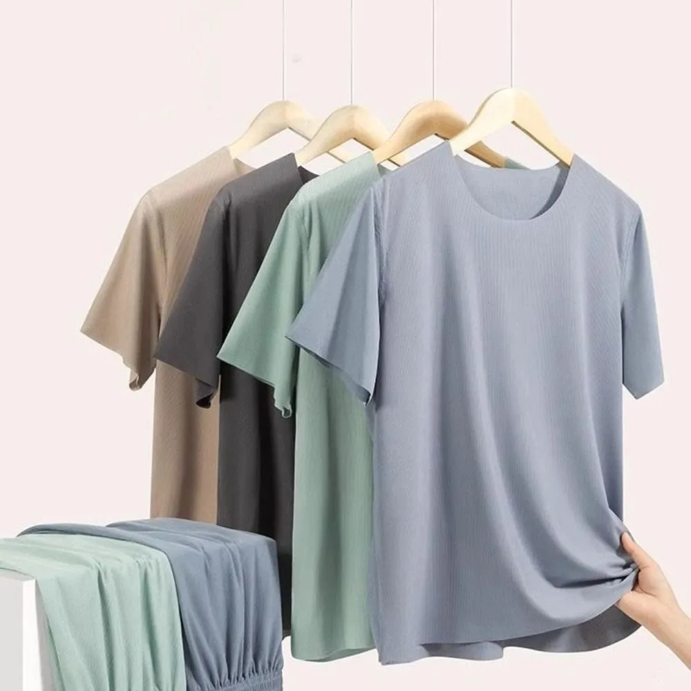 

Soft Seamless Short Sleeve Sleepwear Suit Simple Loose Men Summer Pajamas Ice Silk Home Wear 2Piece Nightwear Set Summer