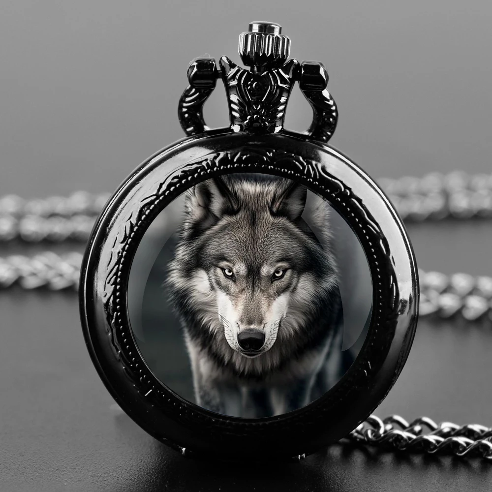 Grey Wolf Practical Gifts Glass Dome Arabic Numerals Quartz Pocket Watch Necklace Pendant Clock with Chain Men Women Gift