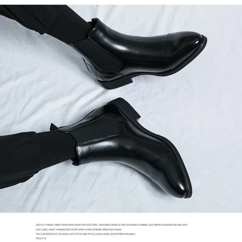 النمط البريطاني تشيلسي أحذية الرجال الأحذية الكلاسيكية موضة الأعمال جلد الرجال حذاء من الجلد عالية أعلى الانزلاق على أحذية قصيرة أنيقة