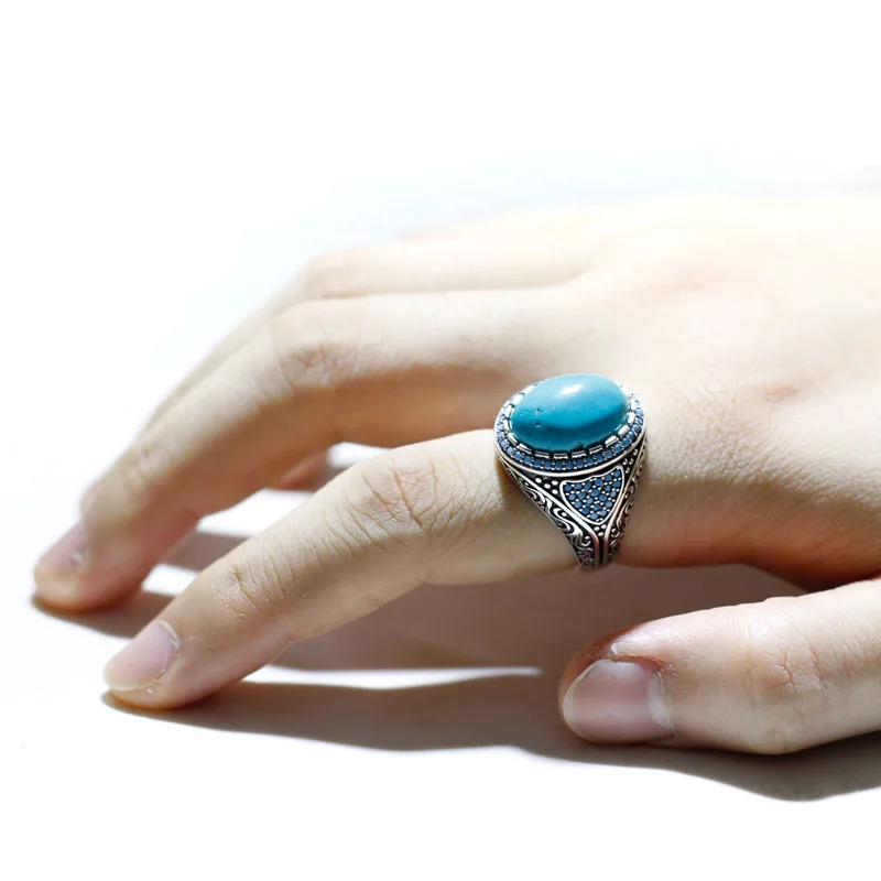 خواتم كلاسيكية مصنوعة يدويًا من تركيا الفيروز الطبيعي للرجال والنساء موضة 925 من الفضة الإسترليني مجوهرات الذكرى السنوية هدية للحفلات #6