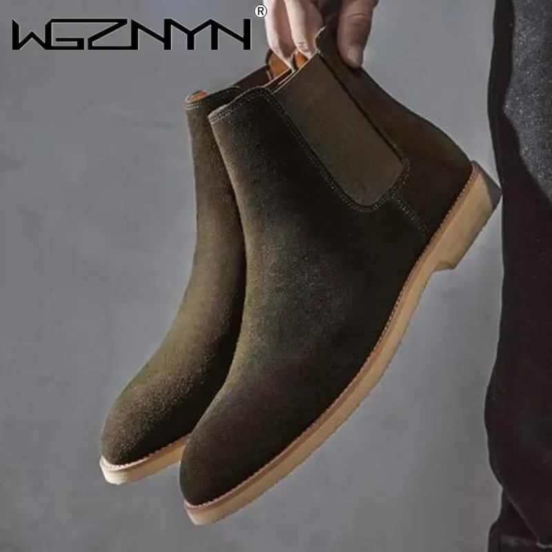Fashion Yellow Chelsea Boots Men Pointed Comfortable Dress Boots Men Slip On Cheap Women Men\'s Suede Shoes Zapatos Hombre Casual