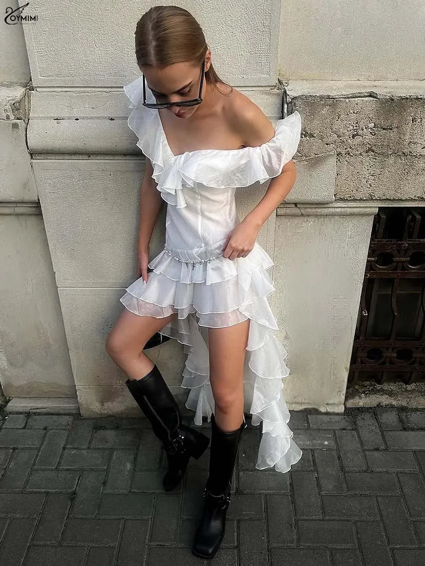Oymimi Fashion White Translucent Dresses For Woman Elegant V-Neck Sleeveless High Waist Dress Casual Ruffled Ankle-Length Dress
