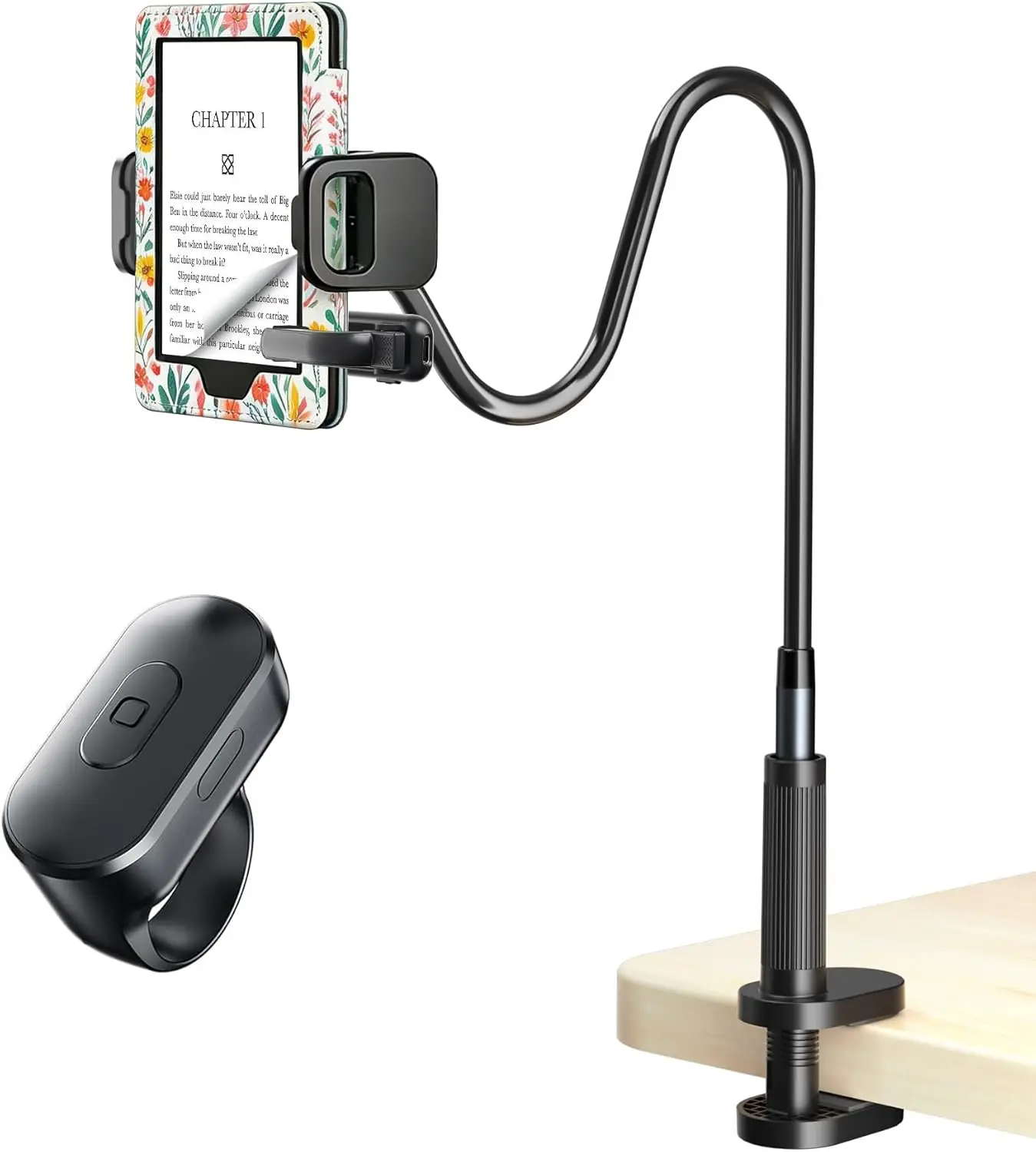 

Adjustable Tablet Stand with Page Turner Remote, Gooseneck Holder for Reading in Bed, Compatible with Kindle iPad iPhone