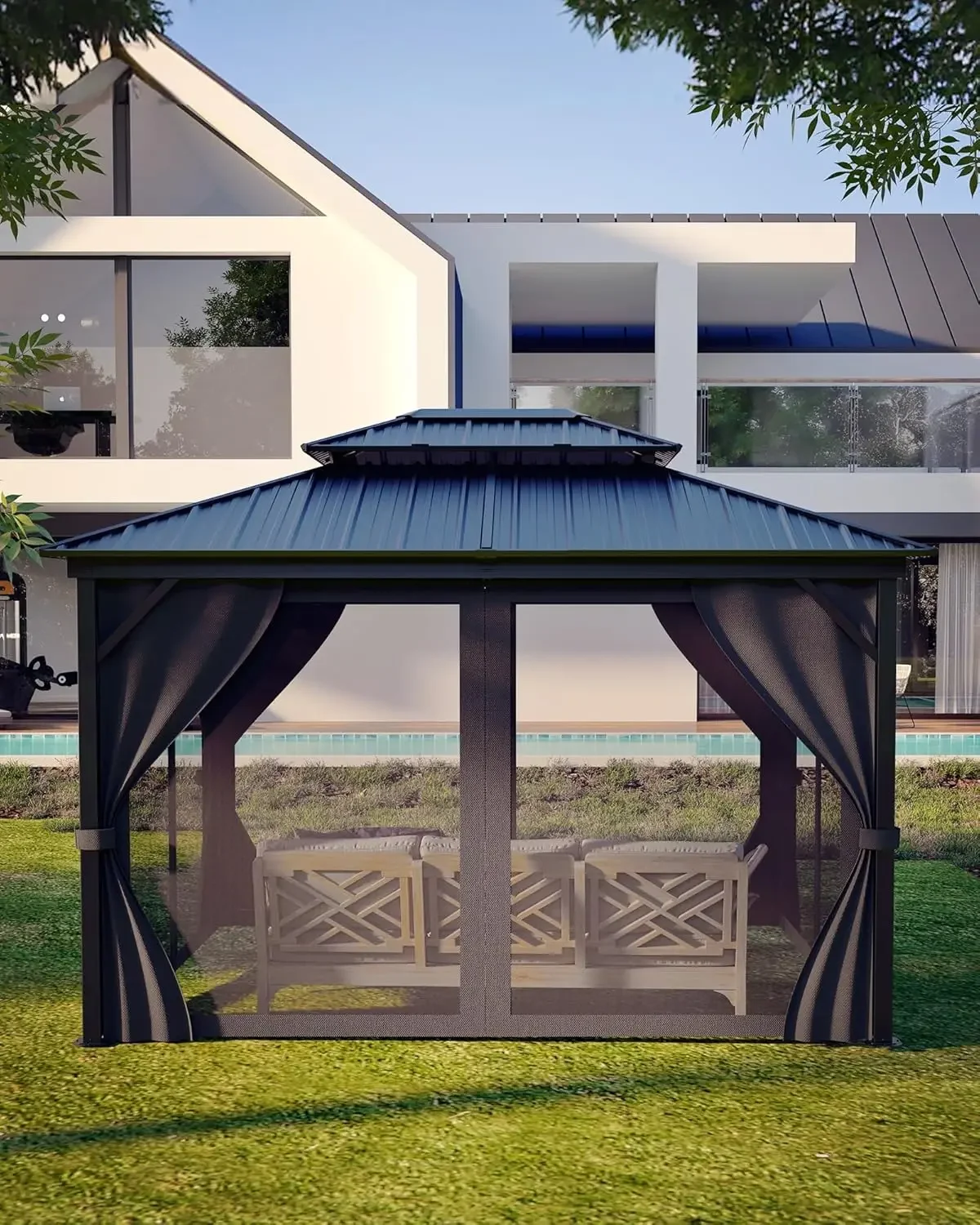 

10x12ft Hardtop Gazebo Double Roof Aluminum Frame UV Block Netting Curtains Outdoor Patio Lawn Deck Custom