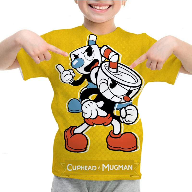 Cartoon Cuphead Mugman Print T-shirts Summer Short Sleeve Tee Tops Children Clothing Kids Anime T Shirt Harajuku Boy Girl Tshirt