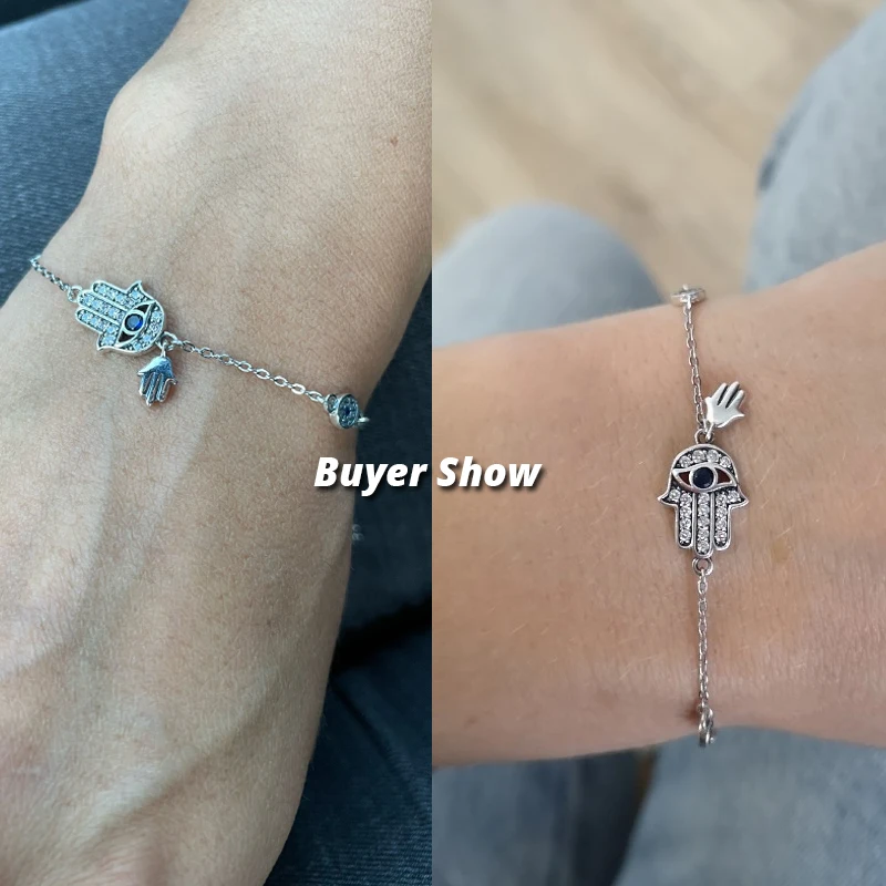 BAMOER 925 Sterling Silver Fatima Hand Lucky Chain Link Bracelet Blue Evil Eye Lobster Clasp Adjustable Hamsa Chain Bracelet