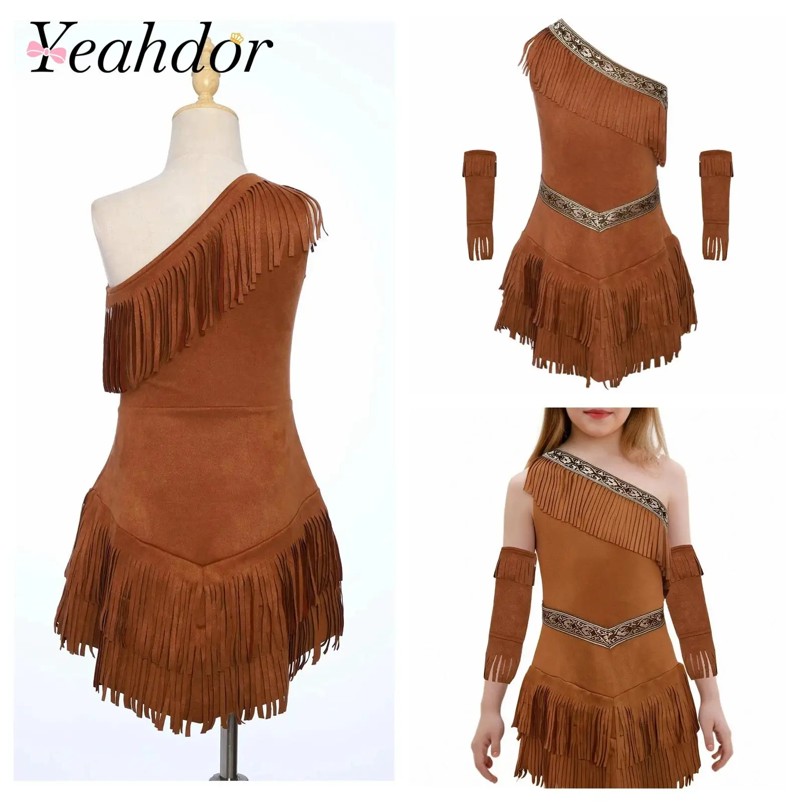 

Girls Suede Fringe Princess Dress with Tassel Sleeves Fancy Dress Up Halloween Role-play Outfit Native American Cosplay Costume