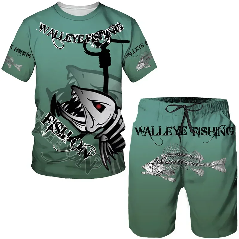 Camiseta con estampado 3D de camuflaje de batalla de pesca para hombre, Conjunto de camiseta Harajuku, pantalones cortos, chándal informal, Verano