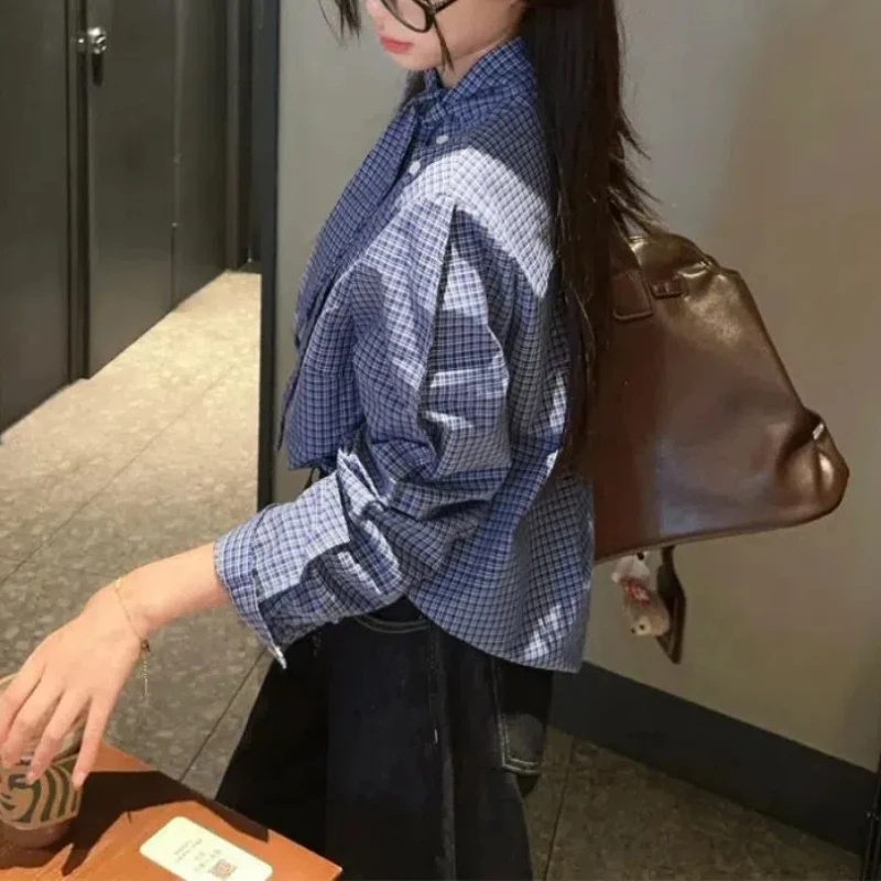 2024 Women's Spring Autumn New Splicing Button Grid Bow Fashion Loose Minimalist Casual Temperament Long Sleeve Blouses Shirts