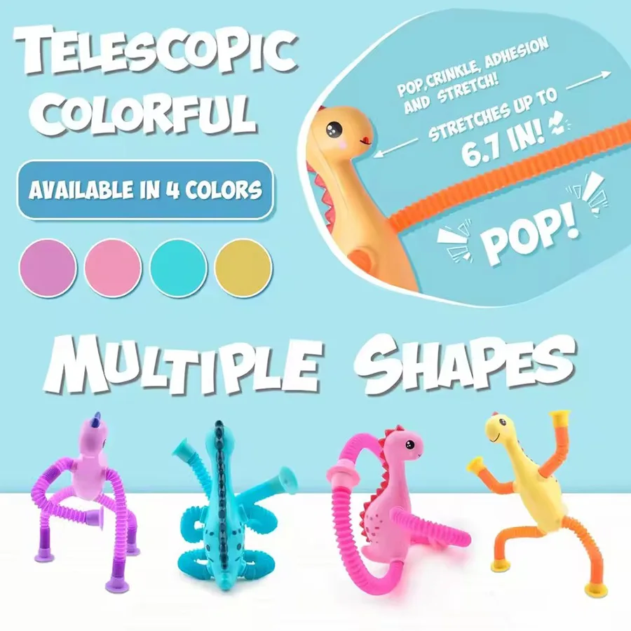 

1/4pcs Suction Dinosaur novelty Pop Tubes Fidget Toys Stress Relief Stretch Telescopic Suction Cup Sensory Toys for Kids Adult