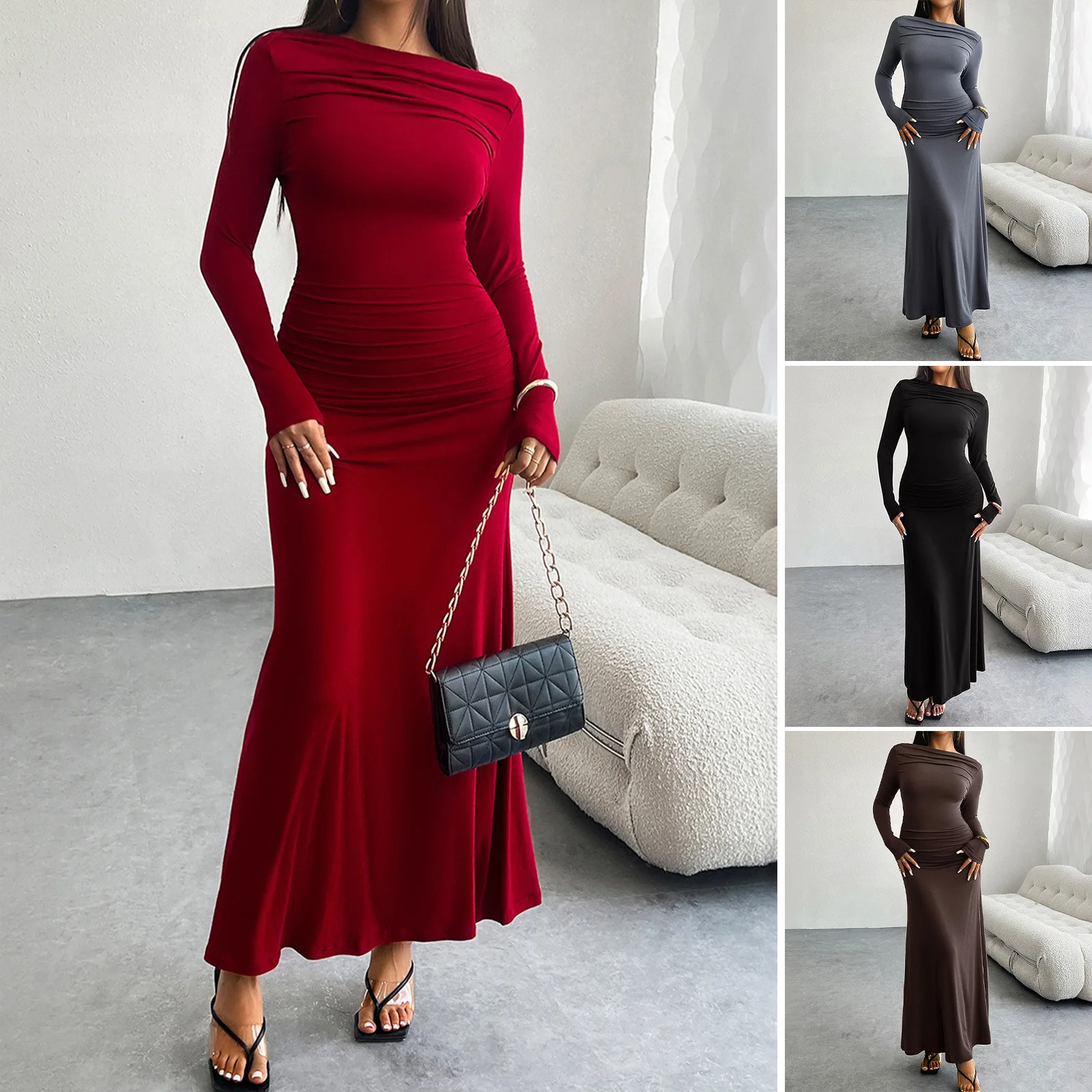 

SKMY New 2025 Autumn Winter Women Clothing Fashion Party Long Dresses Solid Color Hip Wrapping Slash Neck Long Sleeve Dress