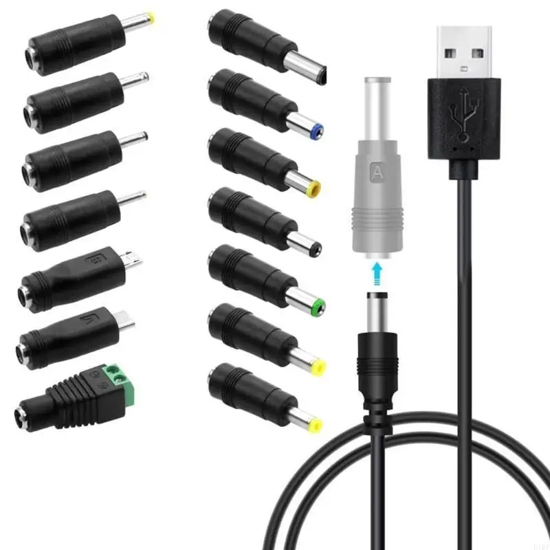 E1PF USB to DC5V Power Cord Features 14 Adapter Plugs 5.5x2.1mm Feamle for More 5V Lamp Speakers Devices Charging Adapter
