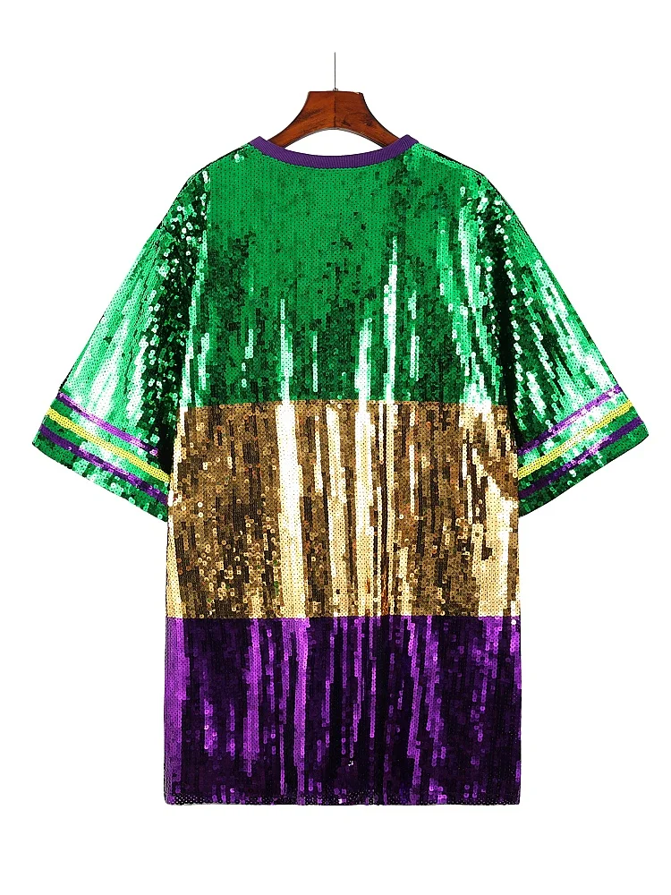 Abito da festa con paillettes con stampa maschera Fleur-De-Lis scintillante, girocollo, mezza manica, abito t-shirt con paillettes larghe oversize a blocchi di colore