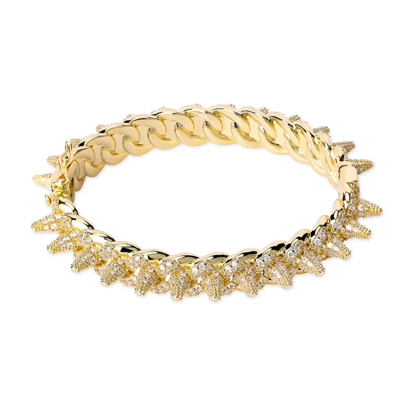 Iced Out Spike Studded Rivet Bangle Bracelet Gold Punk Hip Hop CZ Pave Statement Unique Mens Street Trendy Jewelry Gift for Men
