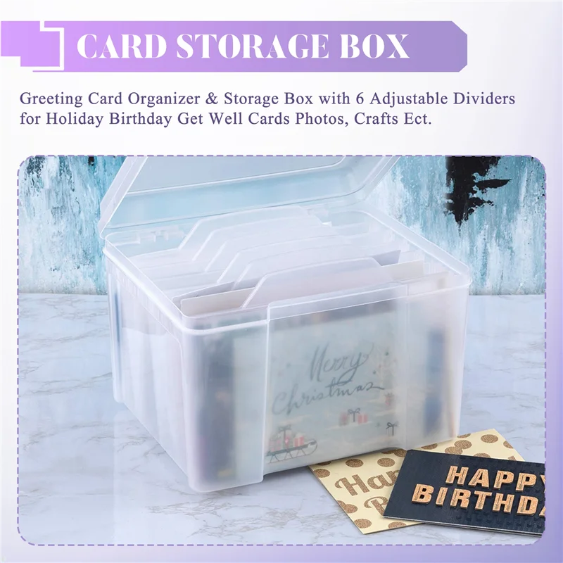 LICG-Greeting Card Organizer & Storage Box With 6 Adjustable Dividers For Holiday Birthday Get Well Cards Photos, Crafts Ect.