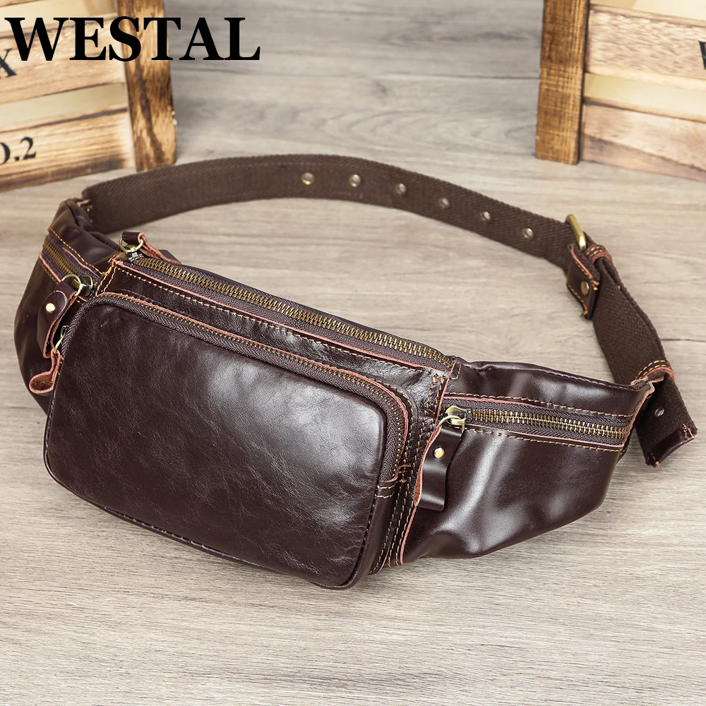 WESTAL Men\'s Genuine Leather Waist Bags Male Fanny Pack Vintage Phone Bags Leather Messenger Bags Purses Sport Waist Pack 9999