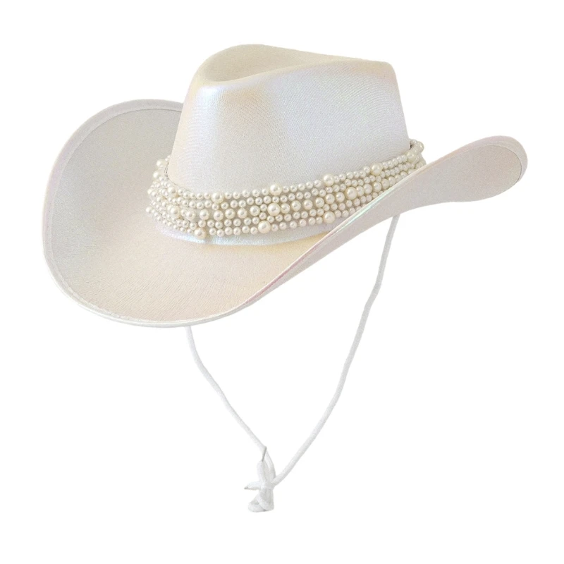 Bride Cowboy Hats Pearls Panama Hat for Bachelorette Party Cocktail Parties Vacation Pearls for Comedian