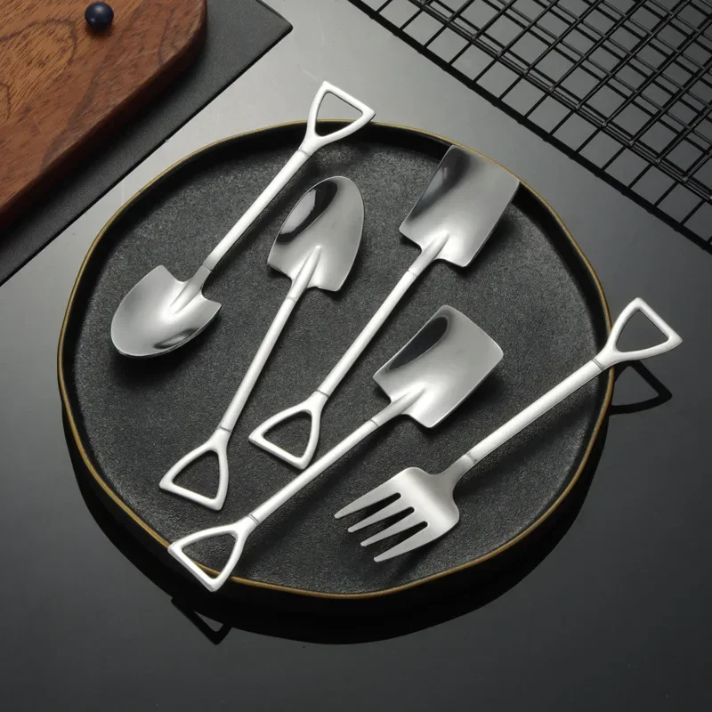 4pcs Coffee Spoon Cutlery Stainless Steel Retro Iron Shovel Ice Cream Spoon Scoop Creative Spoon Teaspoon Kitchen Tableware 12cm