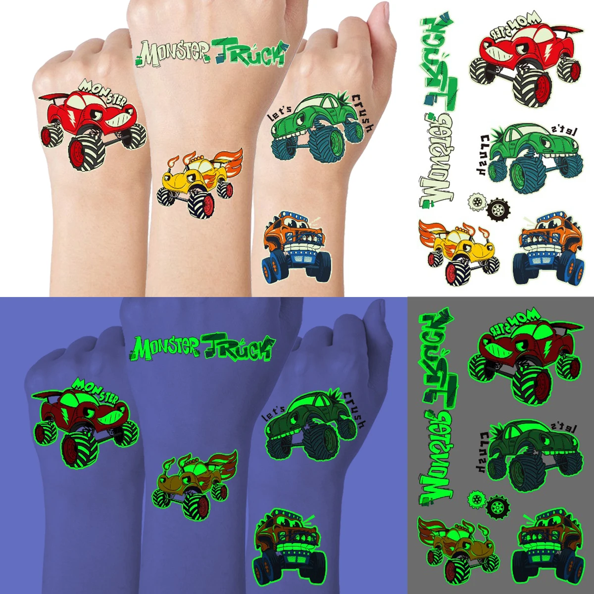 Tatuajes temporales de carreras que brillan en la oscuridad para niños y adolescentes, coche luminoso, pegatina de tatuaje falso impermeable,