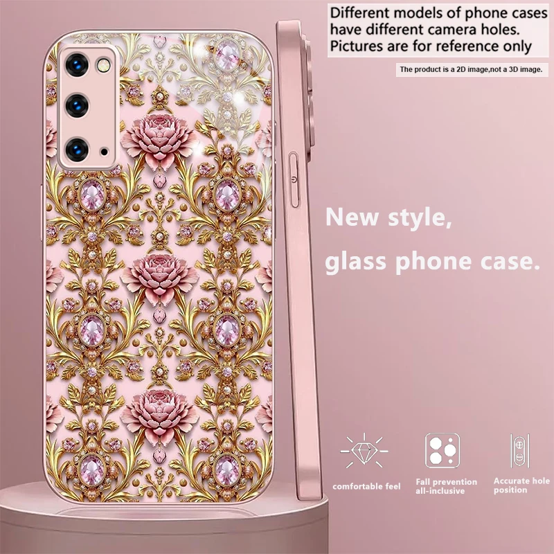 Rococo Gem Peony Dream Pink Metallic Glass Phone Case For Samsung S26 Ultra S25 Edge S24 FE S23 Plus S22 S21 S20 S22+ S25 Cover