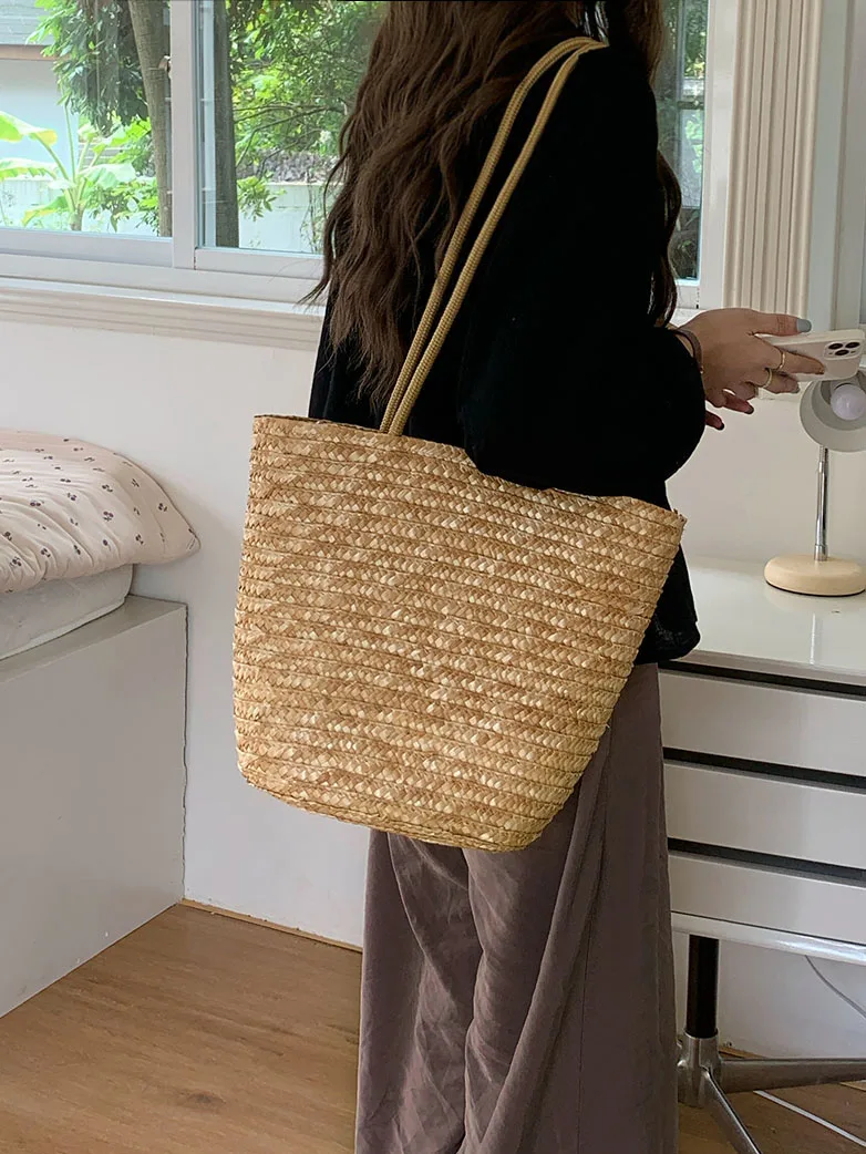 Retro Large Capacity Women\'s Knitted Shoulder Bag Summer Vacation Beach Tote Bags Natural Straw Woven Female Bucket Handbags