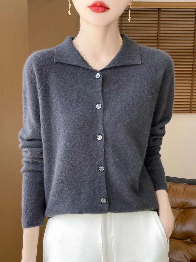 2024 New Women Cardigan Turn Down Collar Sweater Autumn Winter Long Sleeve Clothing 100% Merino Wool Knitwear Basic Grace Tops