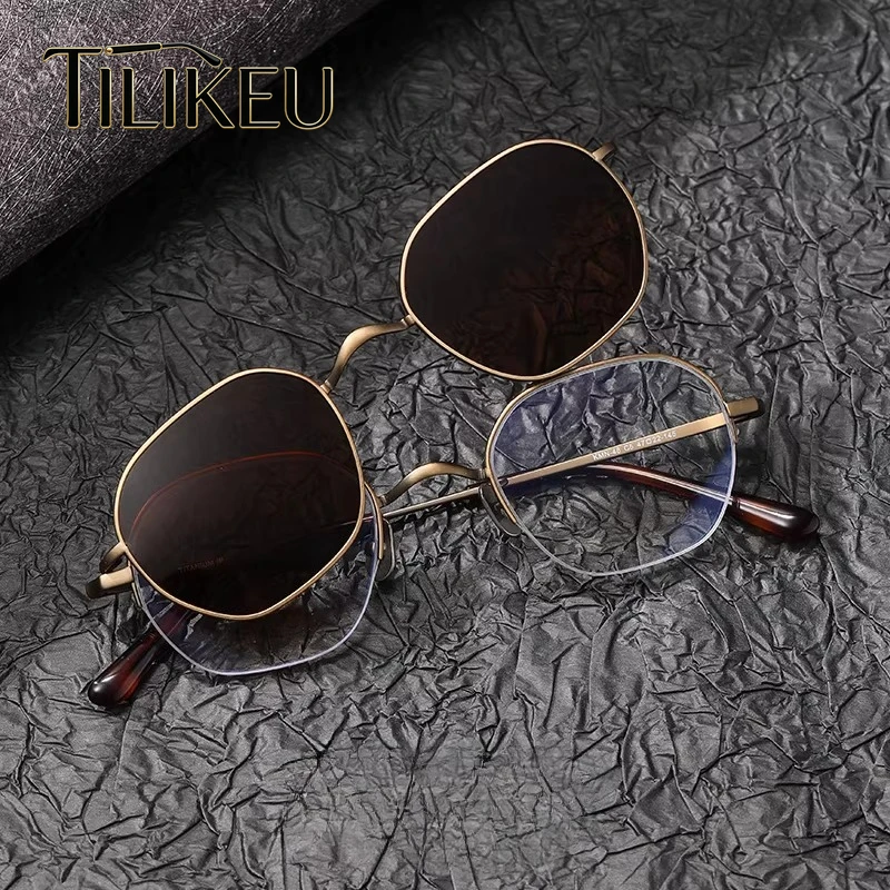 

New Magnetic Eyeglasses Men Clip-On Retro Polygon Pure Titanium Semi-Rimless Fishing Polarized Magnetic Sunglasses Women UV400