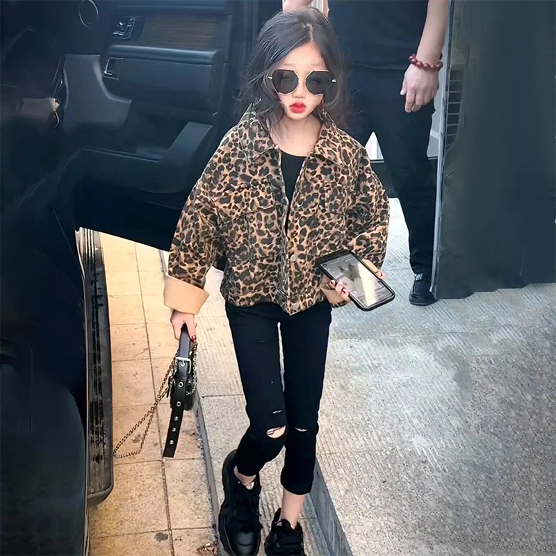 

4, 6, 8, 10, 12, 14, куртка с леопардовым принтом для маленьких девочек, roupa infantil para menina, детская верхняя одежда, штаны-карандаш с дырками для девочек-подростков