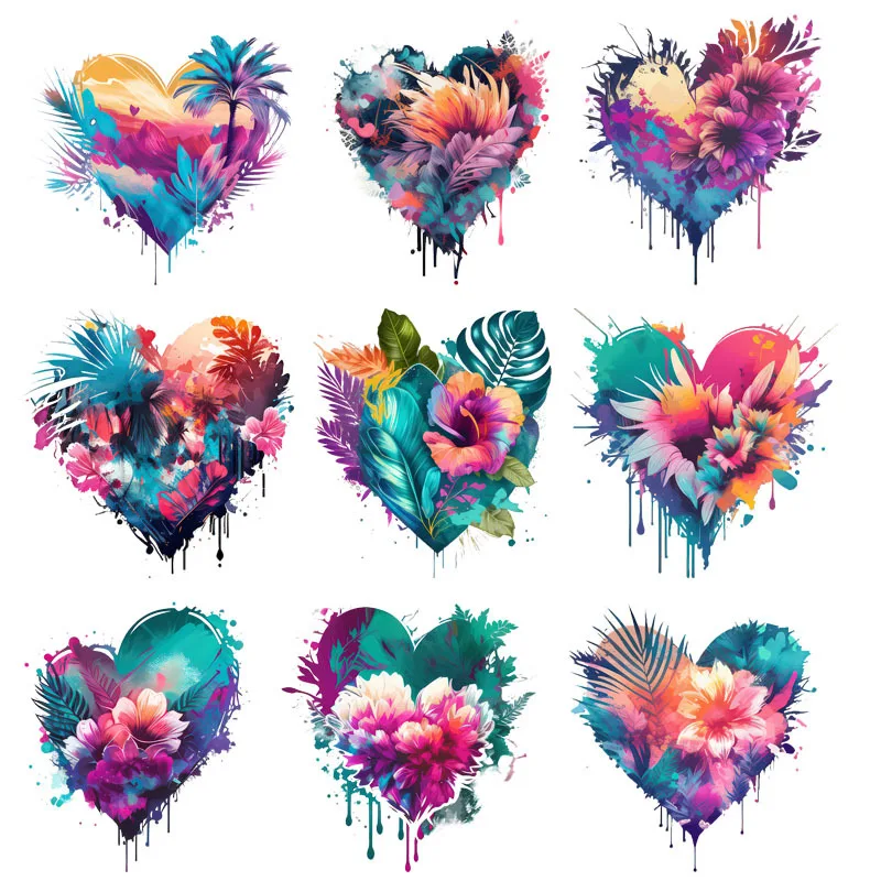 Colorful tropical plant heart-shaped Vinyl stickers Fashion Iron On Patch Heat Transfer Stickers DIY For Clothes T-shirt Patch