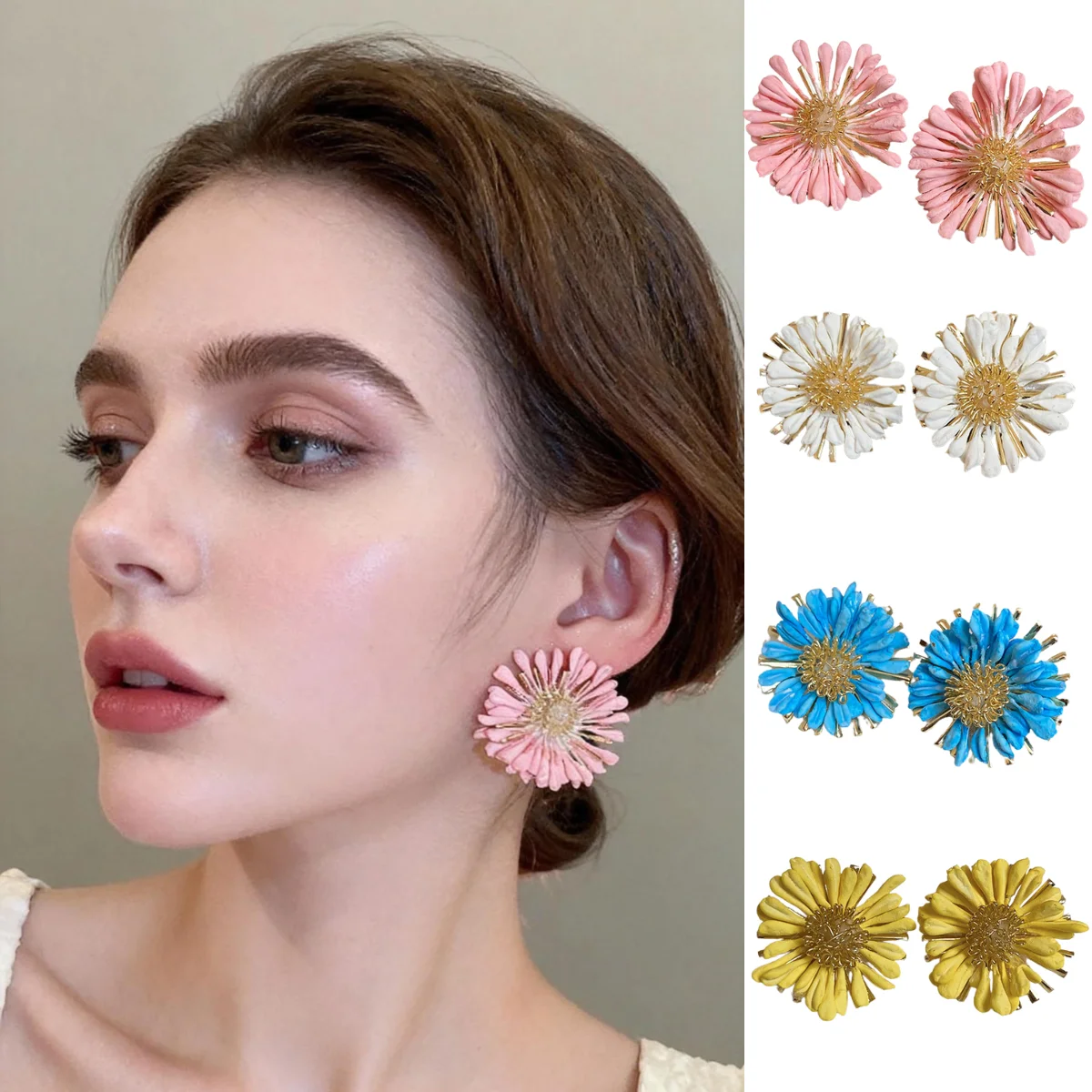 

Eco-Friendly Raffia Daisy Silver Needle Stud Earrings Beach Resort Style Earrings Sweet and Feminine Ear Accessories for Women