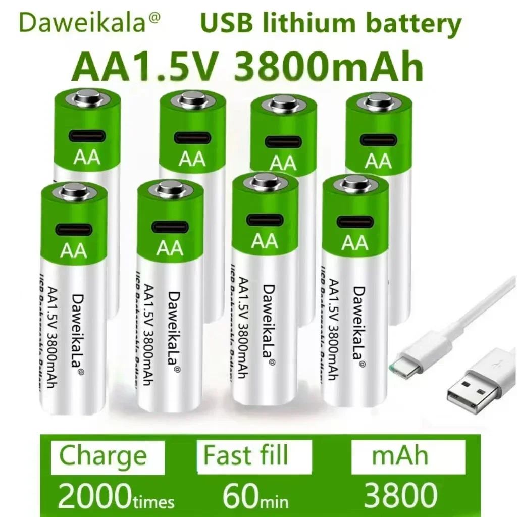 2024New USB AA akumulatory 1.5V 3800 mAh akumulator litowo-jonowy do zdalnego sterowania bateria do zabawek mouseElectric + kabel typu C