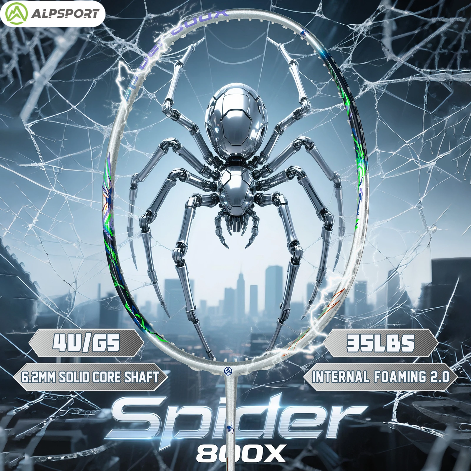 ​​ALP SPIDER 800X 3D 4U Super Light Full Carbon Badminton Racket G5 Ultra-Thin Shaft Max 35 LBS Professional Offensive ALPSPORT