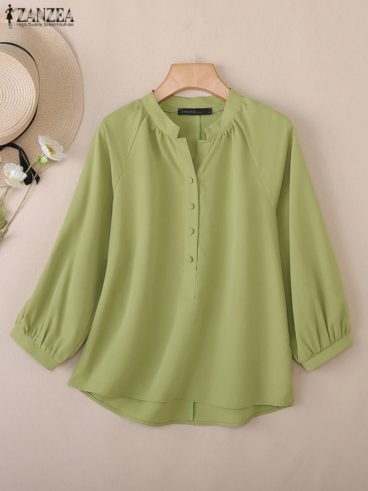 เสื้อเชิ้ตแฟชั่นผู้หญิง ZANZEA ปี 2025 สีพื้น แขน 3/4 เสื้อเบลาส์ลำลอง สไตล์ฤดูใบไม้ร่วง เสื้อทำงานผู้หญิง ดีไซน์หรูหรา ทรงหลวม ติดกระดุม คอวี