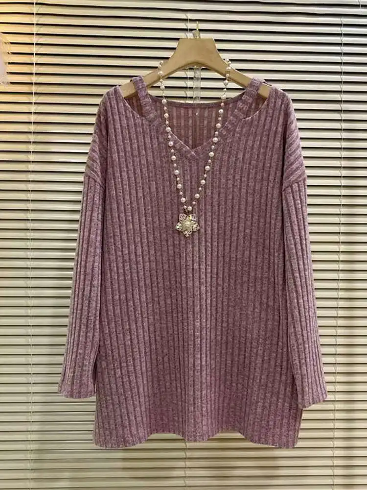 

plus Size Loose V-Ne Hollow out Long Sve Base irt Versatile Casual Sle Mid-Length Slimming Top for Women