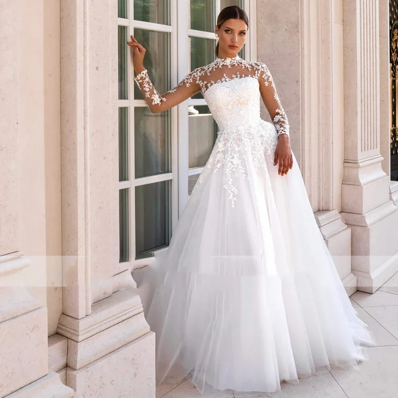 

Flavinke Customized Classic High Neck Long Sleeve A-Line Wedding Dresses Gorgeous Appliques Sweep Train Vintage Bridal Gown
