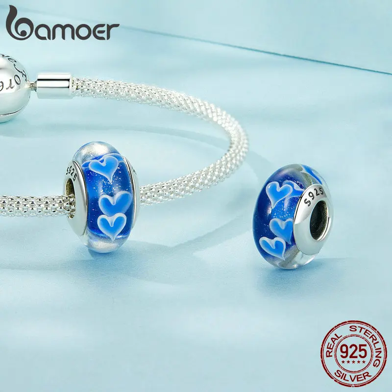 BAMOER Blue Heart Murano Charm Beads for Women Jewelry Making 925 Sterling Silver Charm for Original Bracelet DIY Accessories