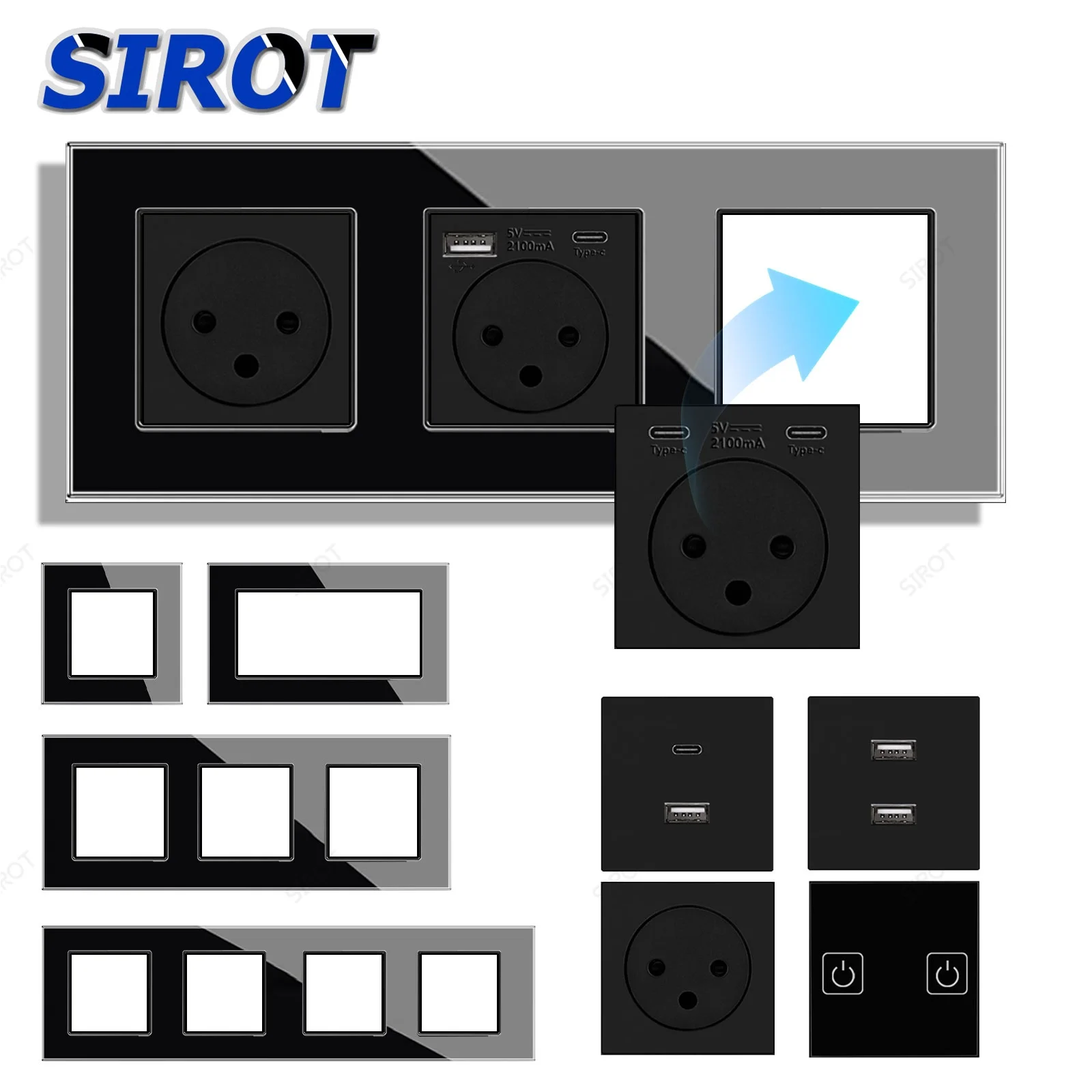 SIROT Israeli Standard Power Socket, Black Glass Frames Type-C USB Plug Touch Switch Computer TV Function Parts Free Combination
