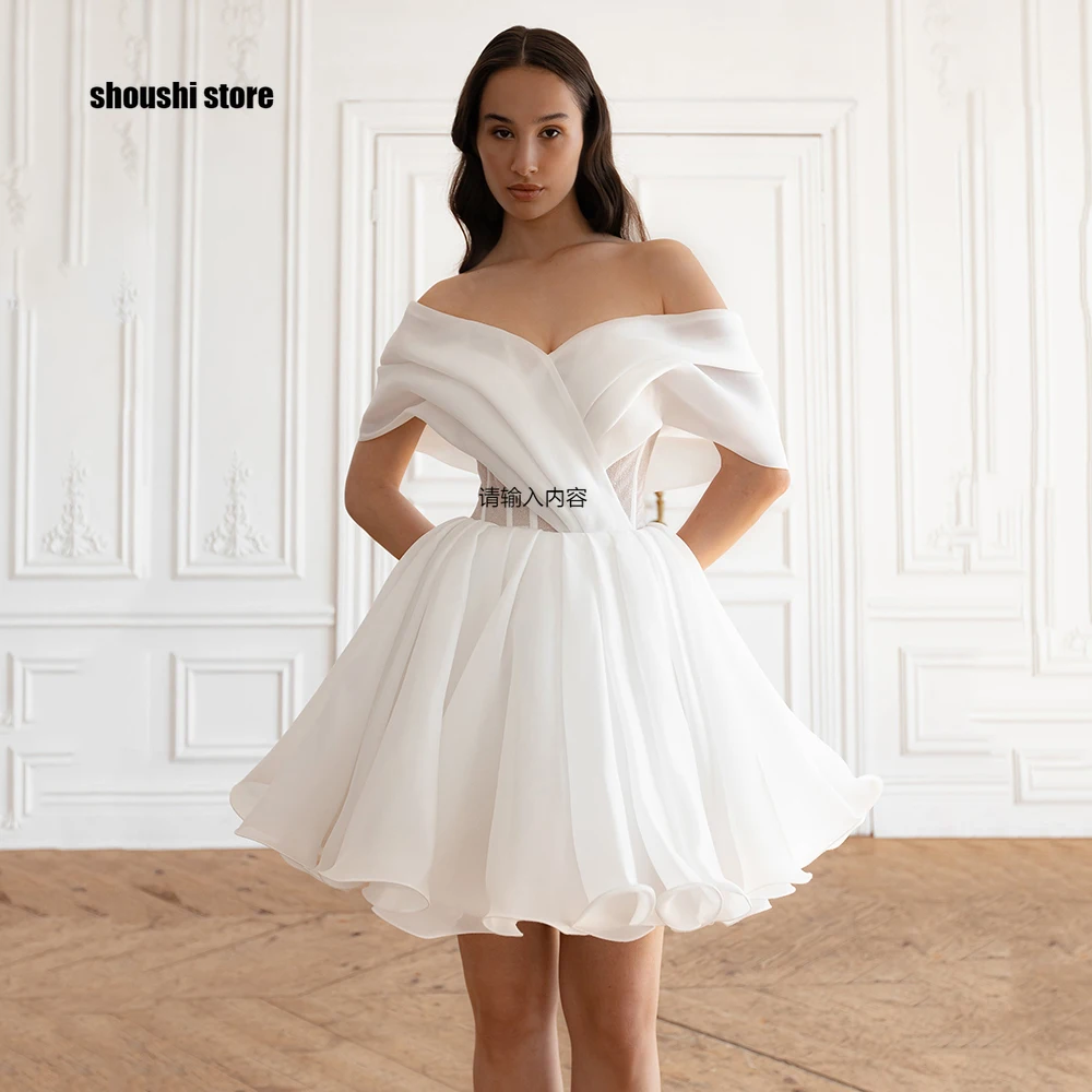 

Элегантное платье из органзы с открытыми плечами для свадебного приема, мини-белое платье трапециевидной формы, короткое вечернее платье