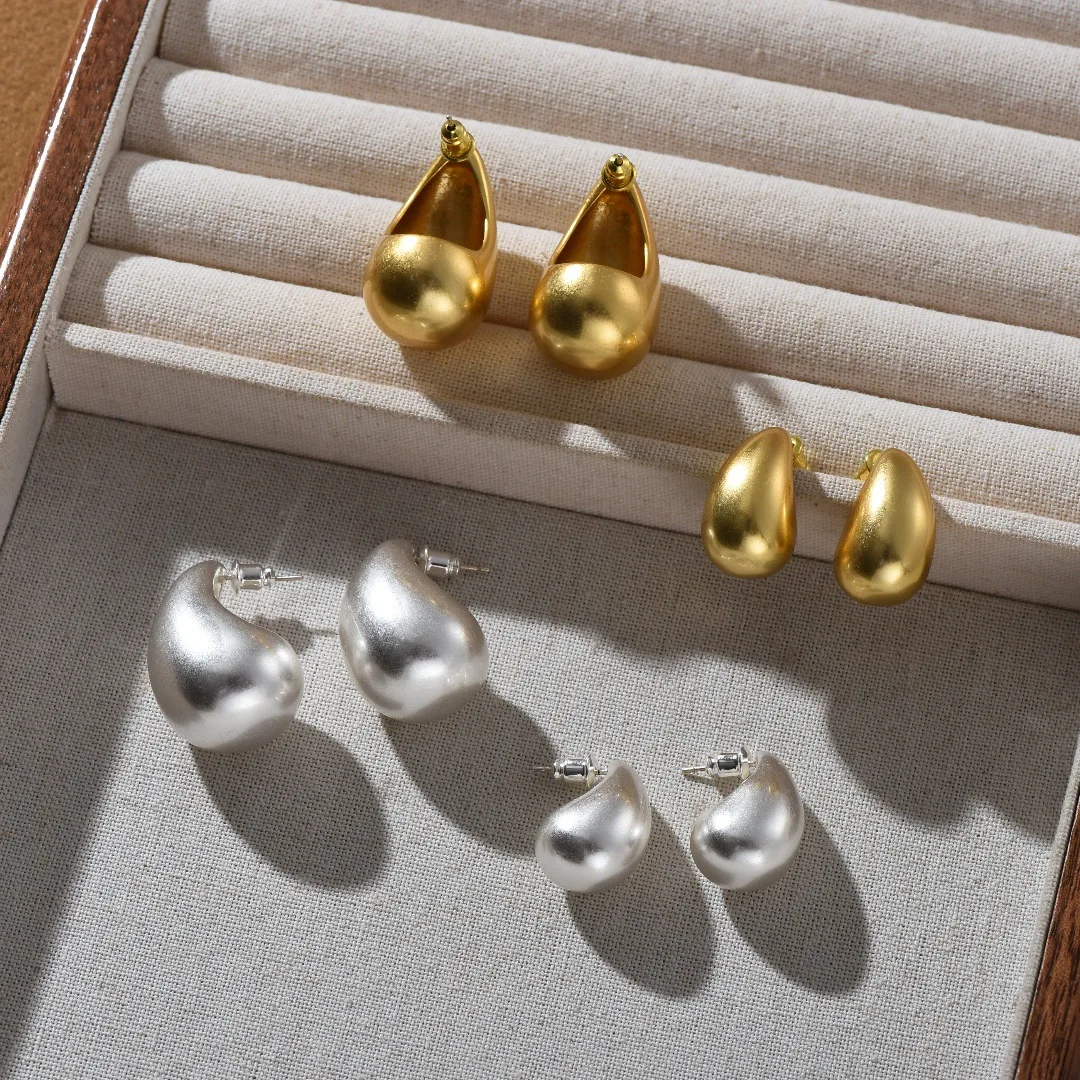 Vintage Gold Plated Chunky Dome Drop Earrings for Women Matte Metal Hollow Thick Teardrop Earrings Jewelry Gift