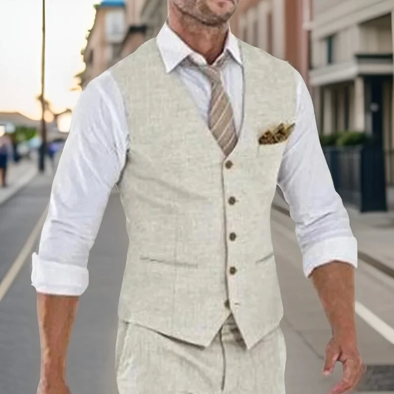 Summer Linen Beige Men\'s Suits Vest Only1 Piece Single Breasted Casual Daily Outfits Luxury Slim Waistcoat Beach Wedding Wear